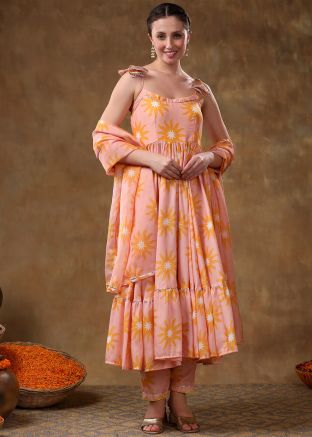 Readymade Peach Floral Print Tiered Anarkali Suit