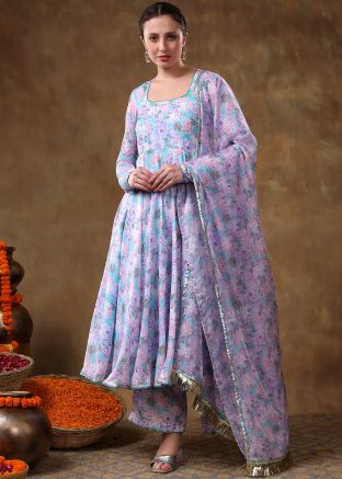 Readymade Blue Floral Print Anarkali Suit Set