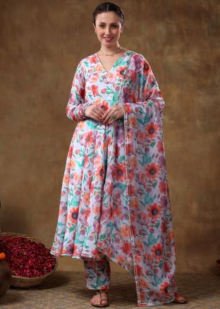 Readymade Blue Floral Print Anarkali Suit Set