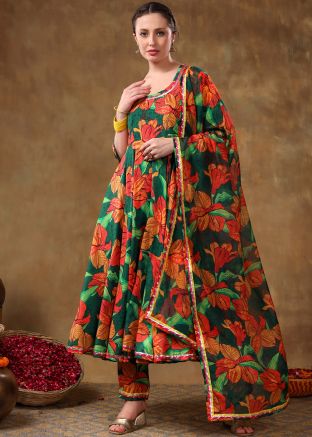 Green Readymade Floral Print Anarkali Suit