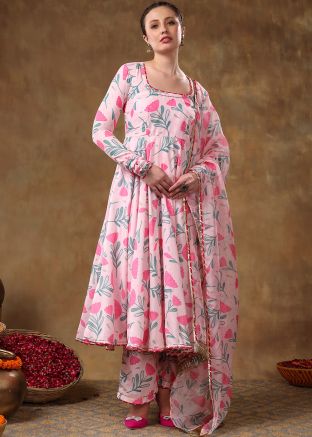 Pink Readymade Floral Print Anarkali Suit With Dupatta