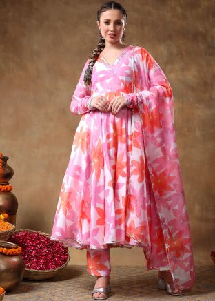 Pink Readymade Floral Print Anarkali Suit & Dupatta