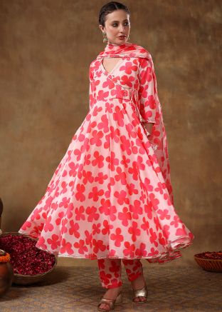 Orange Readymade Anarkali Suit In Floral Print