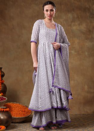 Lavender Readymade Floral Print Angrakha Suit