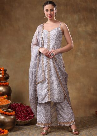 White Readymade Printed Pant Style Suit