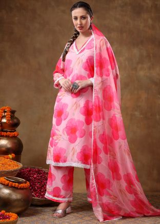 Readymade Pink Floral Print Palazzo Suit In Cotton