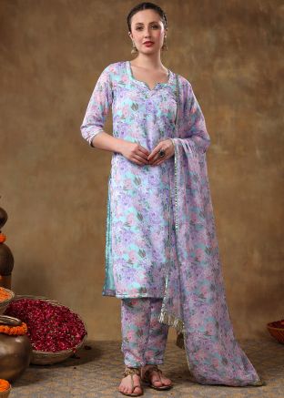 Lavender Readymade Floral Print Cotton Pant Suit