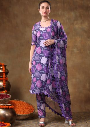 Purple Readymade Floral Print Pant Style Suit