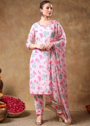 Pink Readymade Floral Print Pant Style Suit