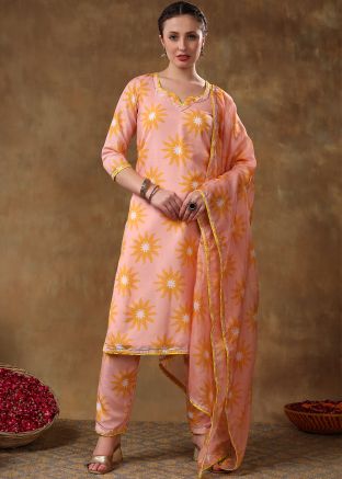 Peach Readymade Floral Print Pant Style Suit