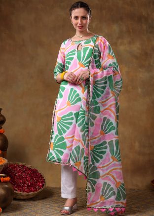 Pink & Green Readymade Printed Pant Suit Set
