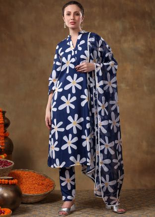 Blue Readymade Floral Print Pant Suit Set