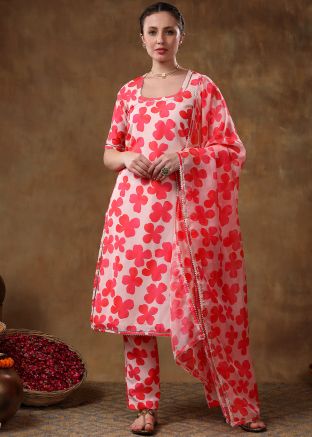 Orange Readymade Pant Suit Set In Floral Print