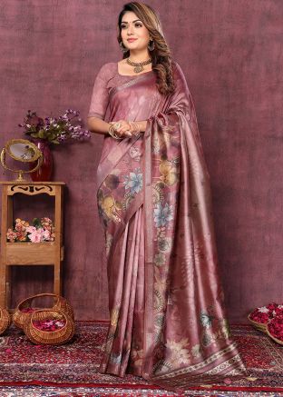 Mauve Pink Digital Printed Saree In Art Silk