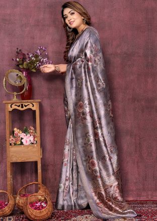 Purple Art Silk Saree In Digital Print