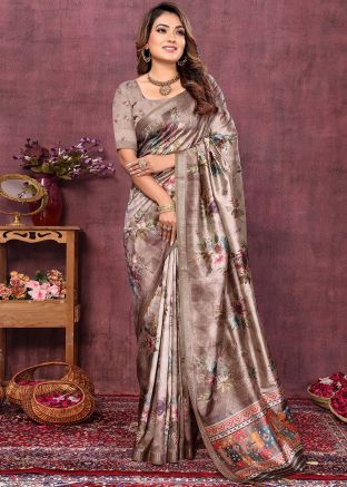 Grey Print Art Silk Saree With Blouse