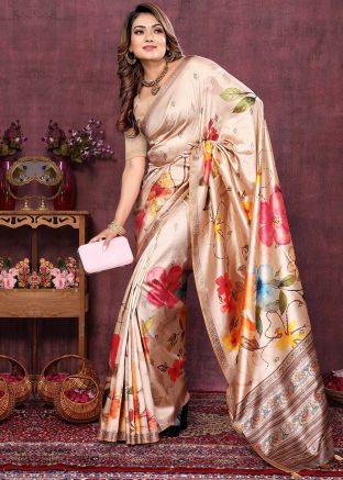 Digital Printed Art Silk Saree In Off White