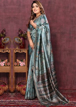 Blue Digital Printed Art Silk Saree