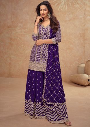 Purple Readymade Embroidered Sharara Suit Set