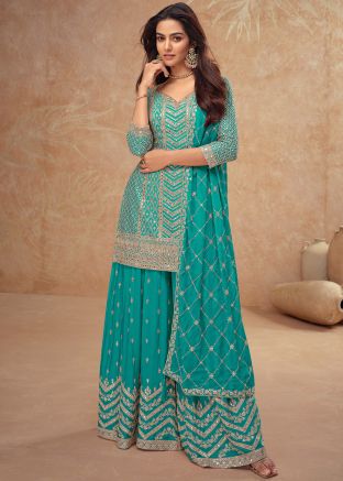 Readymade Blue Embellished Chiffon Sharara Suit