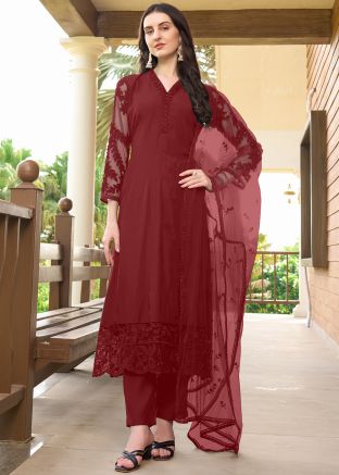 Maroon Embroidered Readymade Pant Suit