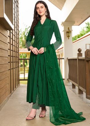 Green Readymade Embellished Slitted Pant Set