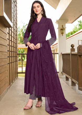 Purple Embellished Readymade Slitted Pant Suit