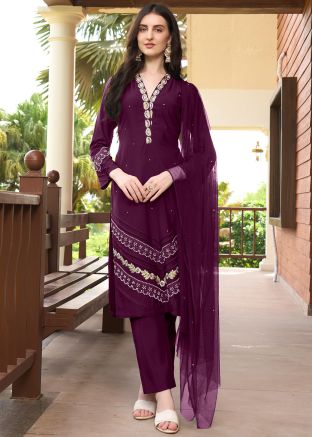 Purple Thread Work Readymade Pant Suit Set