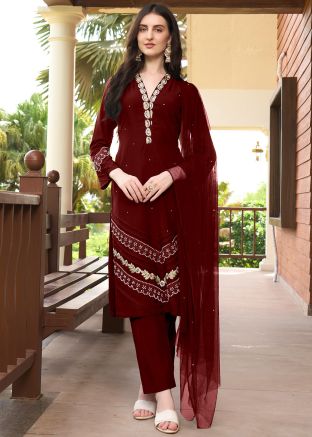 Maroon Thread Work Readymade Pant Suit Set