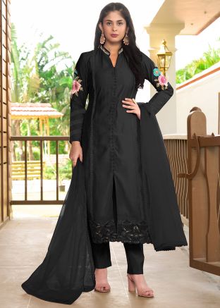Black Embroidered Readymade Pant Suit In Art Silk