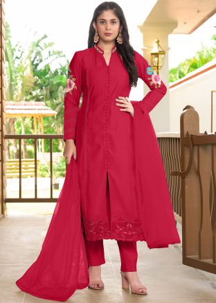 Pink Embroidered Readymade Pant Suit In Art Silk