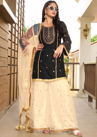 Black Embroidered Readymade Sharara Suit