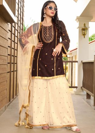 Brown Embroidered Readymade Sharara Suit