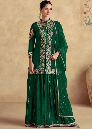 Readymade Bottle Green Embroidered Palazzo Suit