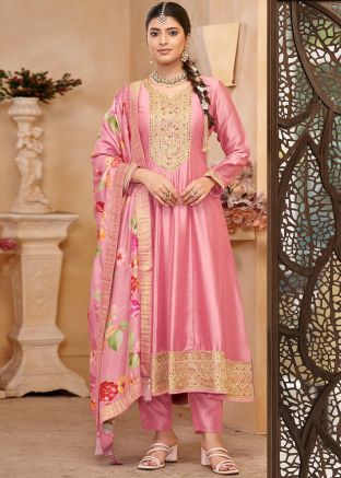 Pink Embroidered Anarkali Suit In Art Silk