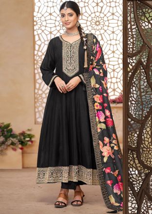 Black Embroidered Art Silk Salwar Suit Set
