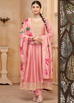 Pink Embroidered Anarkali Suit In Art Silk