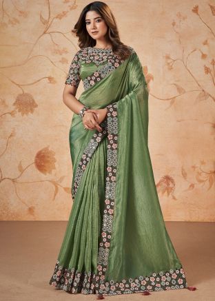 Green Embroidered Saree In Silk