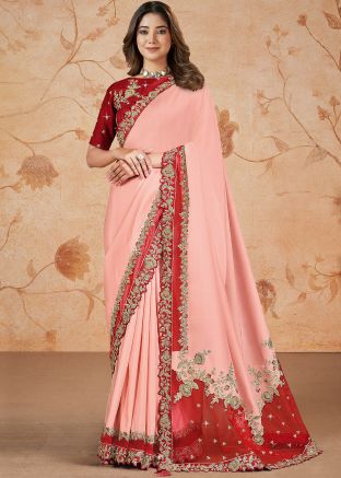 Coral Pink Embroidered Saree With Blouse