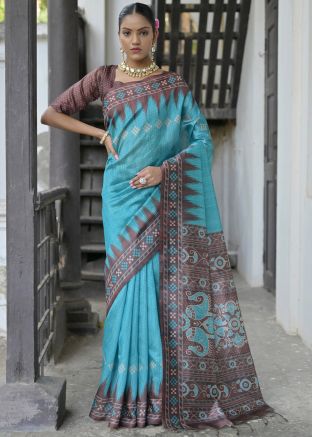 Blue Printed Saree In Tussar Silk