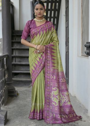 Green Printed Saree In Tussar Silk