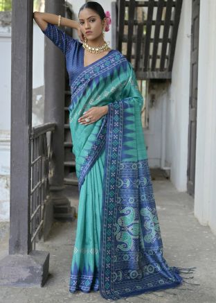 Green Printed Saree In Tussar Silk
