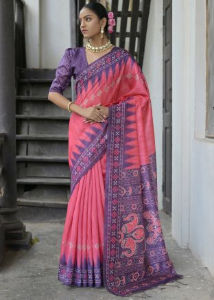 Peach Printed Saree In Tussar Silk