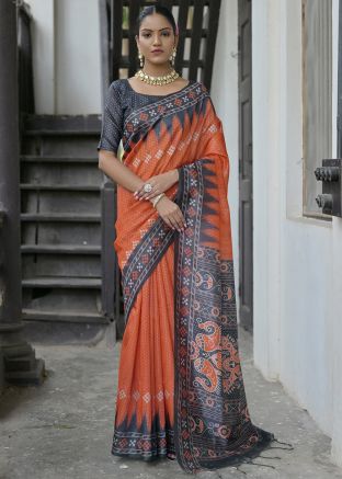 Orange Printed Saree In Tussar Silk