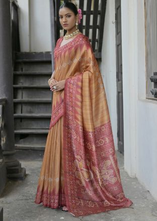 Brown Printed Saree In Tussar Silk