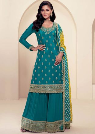 Blue Embroidered Chiffon Salwar Suit Set