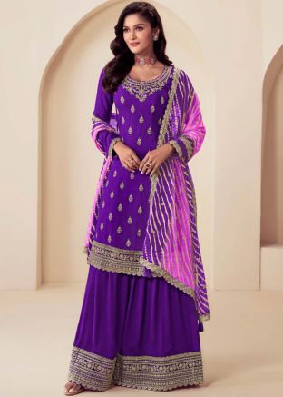 Blue Embroidered Salwar Suit Set In Chiffon