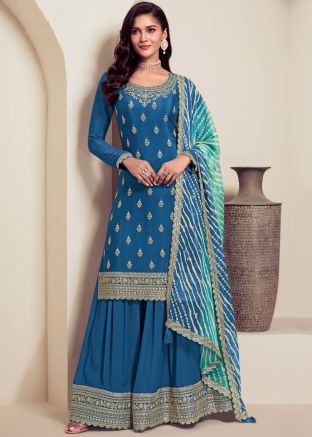 Blue Embroidered Sharara Salwar Suit Set