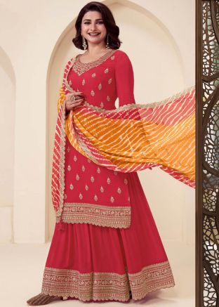 Red Embroidered Salwar Suit Set In Chiffon 