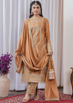 Brown Embroidered Salwar Suit Set In Chiffon